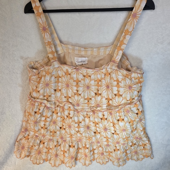 Anthropologie Tops - Anthropologie embroidered tank top yellow and pink floral with tiered ruffles L